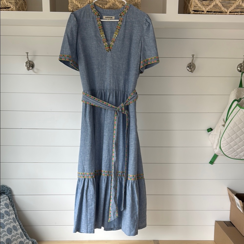 Boden Blue Midi Sundress with V-Neck and Short Sleeves